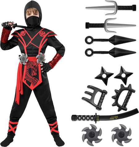 Ninja Dragon Red Costume Outfit Set for Kids Halloween Dress up Party