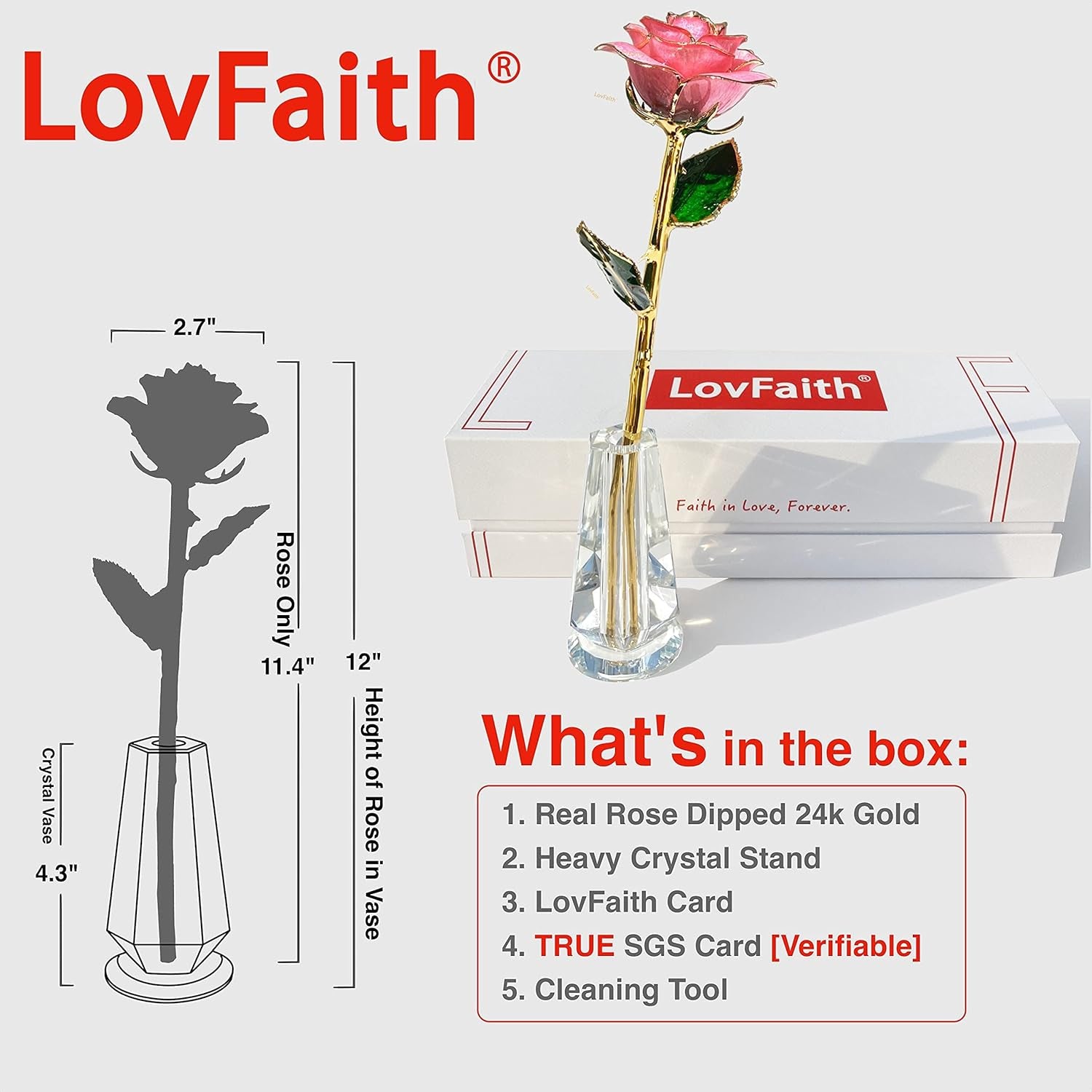 24K Gold Dipped Real Rose with Crystal Stand, Anniversary Valentines Day Romantic Gift for Her Wife Mom